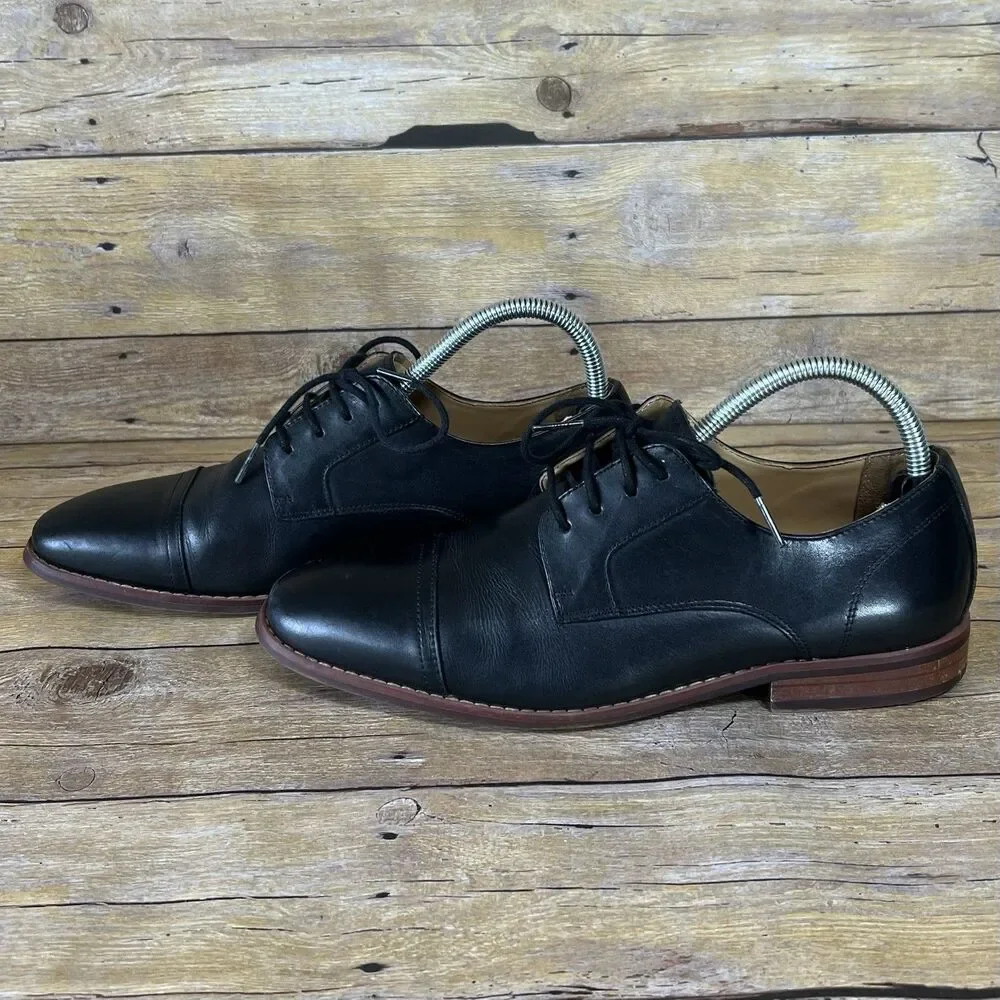 Black Leather Cap Toe Oxford Derby Dress Shoes SZ 7 Brown Stacked Heel‎ Mens